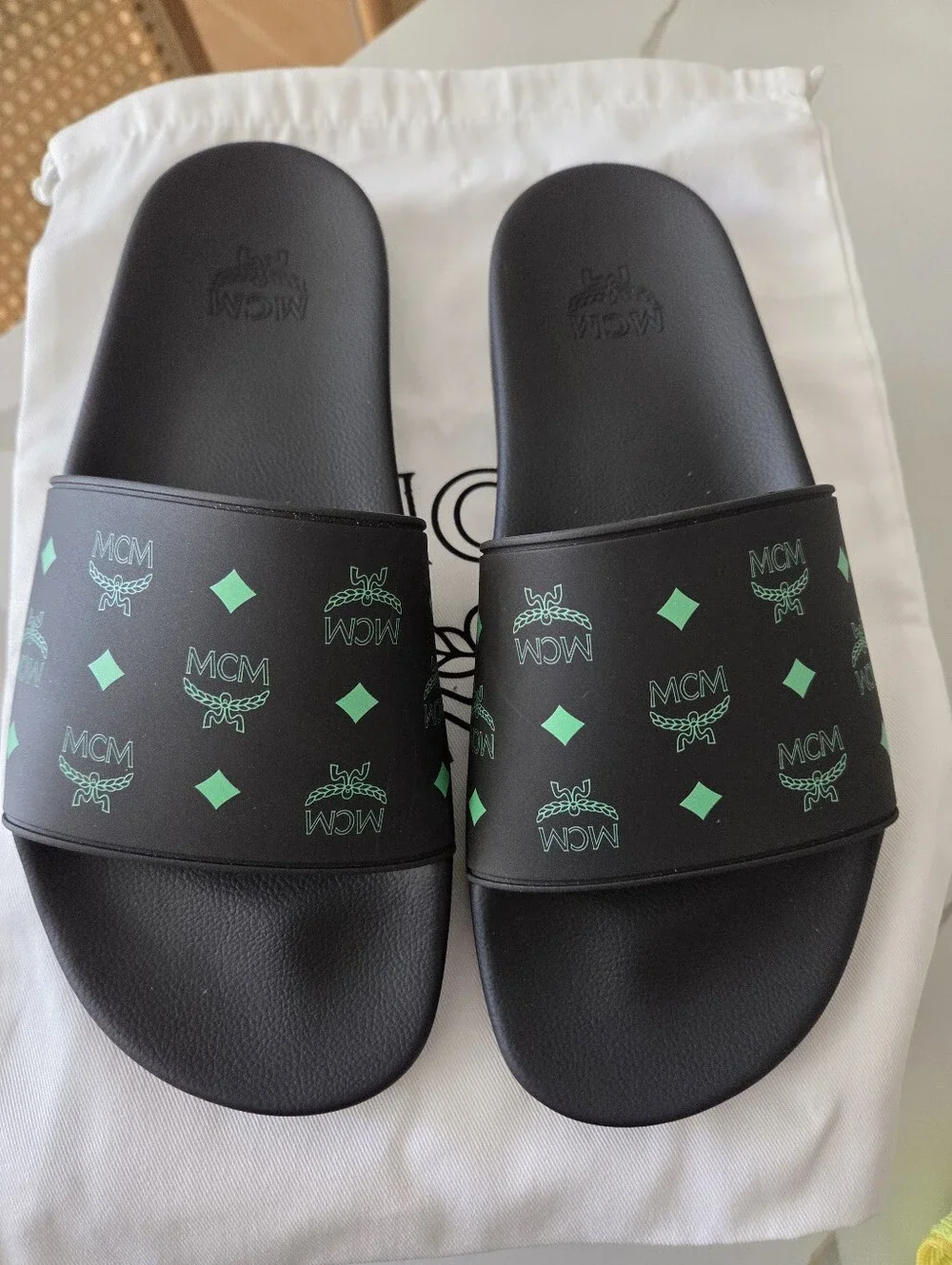 MCM Black Slide Sandals with Green Logo Print